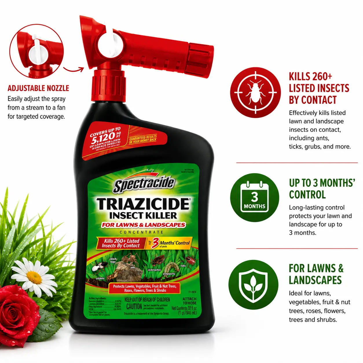 Spectracide Triazicide Ready-To-Spray Concentrate Insect Killer for Lawns & Landscapes, 32 fl oz, Protects Lawns, Vegetables, Fruit & Nut Trees
