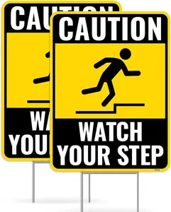 2 count Watch Your Step Sign with Metal Stakes, 12 Inches by 9 Inches - Corrugated Plastic - Caution Please Watch Your Step Sign Outdoor