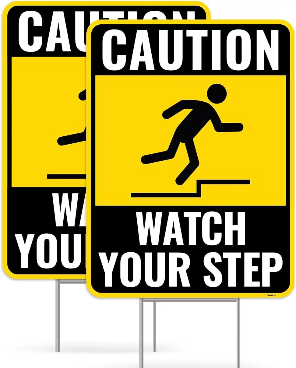 2 count Watch Your Step Sign with Metal Stakes, 12 Inches by 9 Inches - Corrugated Plastic - Caution Please Watch Your Step Sign Outdoor