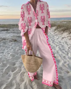Summer Holiday Lobster Print Casual Two piece Set, Pink lobster print pattern collection, Beach style, Beachwear, Comfortable set, Stylish Wide Leg Two Pieces Set