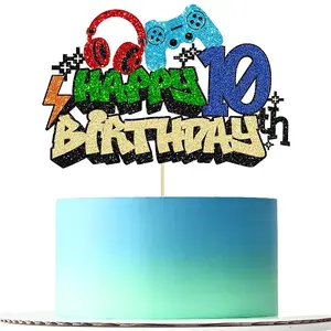 1pc electronic game upgrade to level 10, happy 10th birthday cake decoration, sparkling electronic game theme cake decoration topper, choose game controller, happy 10th birthday cake decoration, game unlock party decoration
