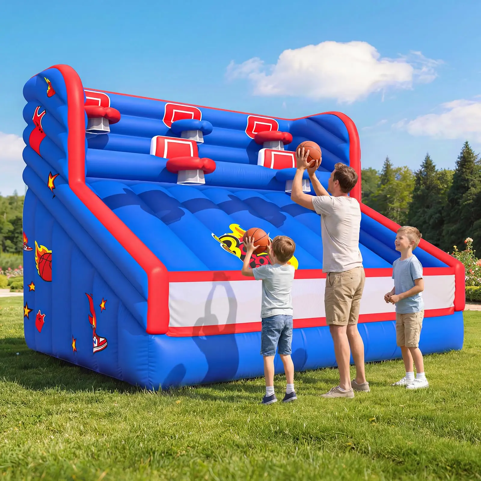 AECOJOY Inflatable Basketball Shooting Game, 5 Hoop Design with 680W Blower, 840D Oxford Fabric, Complete with Stakes & Carry Bag, Indoor Outdoor Game for Backyard, Parties & School Events
