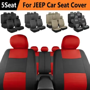 For Jeep 5 Seat Covers Car Front Rear Full Set Flat Cloth Polyester Cushion Pad Protector Mat with Zipper, 4 Season Anti-Slip Breathable Universal