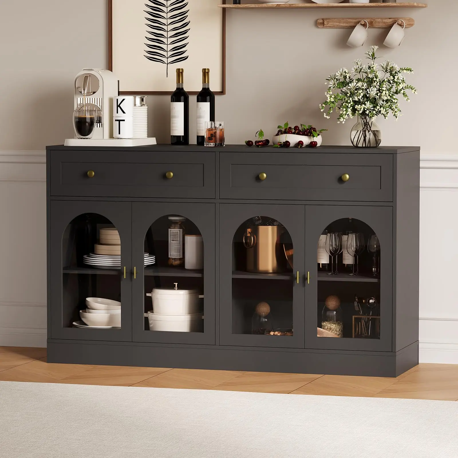 Garvee 55'' Sideboard Buffet Cabinet with 4 Acrylic Doors, Modern Farmhouse Buffet Storage Cabinet with 2 Drawers, Wooden Coffee Bar for Kitchen, Living Room, Dining Room, Entryway, Black