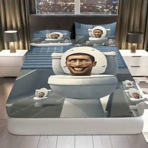 3Pcs Funny Quirky Toilet Fitted Sheet Three Piece Set (1*Fitted Sheet+2*Pillowcases, Coreless), Humor theme, Creative Bedding Set, Mattress protector Soft, Breathable, Bedroom, Hotel