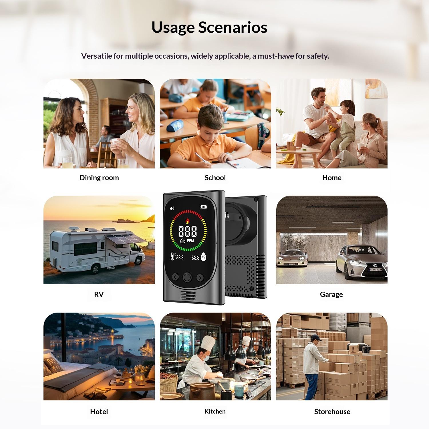 Smart Home Guardian Air & Temp Monitor 6-in-1 Portable Detector with Natural Gas Detection Temperature Humidity Sensors High-Definition Display Accurate Alerts