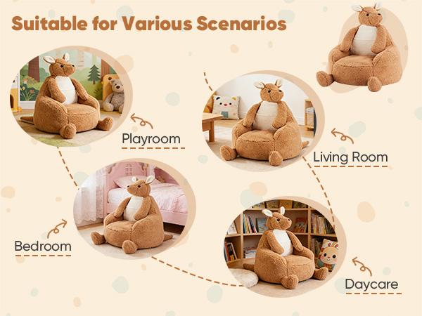 Kids Bean Bag Chair, Stuffed Toddler Couch with Faux Rabbit Fur Cover for Teens & Kids, Comfy Lazy Sofa Chair for Reader, Living Room, Bedroom, Aged 4-12 Years, 31 Inch, Kangaroo Brown