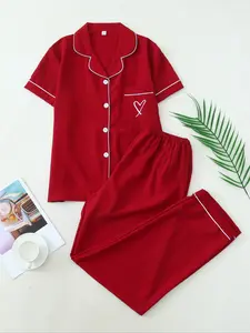 Women's Two-Piece Pajama Set, Contrast Binding Lapel Pocket Heart Embroidery Short Sleeve Top & Bow Pants Sleepwear for Home Use Loungewear
