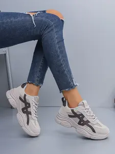 Women's Mesh Patchwork Leather Thick Sole Wedge Sneakers, Low Top Lace-Up Colorblock Breathable Lightweight Comfort Casual Shoes