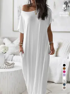 Lazy Vibe Off-The-Shoulder Maxi Dress, Loose Flowy Pocket Resort Dress, Casual Nightdress, Short Sleeve, All Seasons, Loungewear