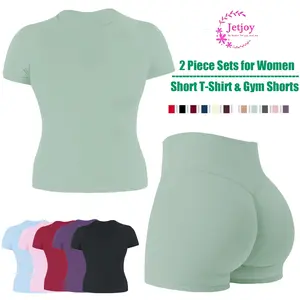 Jetjoy Women 2 Piece Workout Sets, High Waisted Tummy Control Biker Shorts+ Short Sleeve T-Shirts Tank Top Two Piece Lounge Sets Casual Summer Outfits 2 Piece Short Matching Clothing Set,summervibes,Summeroutfit