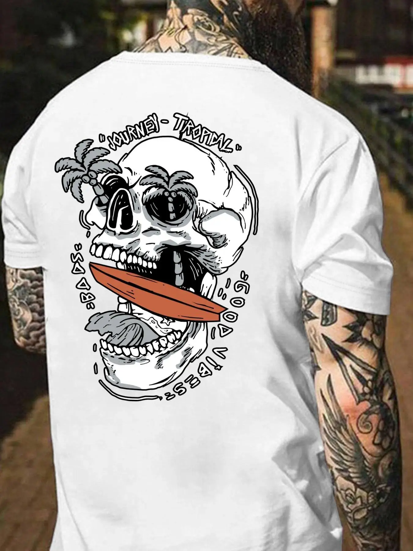 Men's Classic Cotton Short-Sleeve Tropical Skull Surfing Graphic T-Shirt - Edgy Skeleton Beach Back Print, Good Vibes Streetwear Punk Rock Casual Summer Top, Tropical Vacation Gift, Shortsleeve