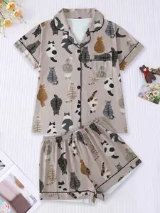 Women's Sleepwear Set, Pajama Set, Pjs, Loungewear, Pyjamas, Collared Short Sleeve Cardigan & Loose Elastic Shorts, Cartoon Animal Cat Full Print, All Seasons, Casual Home Wear