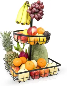 2-Tier Fruit Basket for Counter with Banana Holder, Detachable Fruit and Vegetable Rack – Large Capacity for, Orange, Potatoes, Onion & More (A)