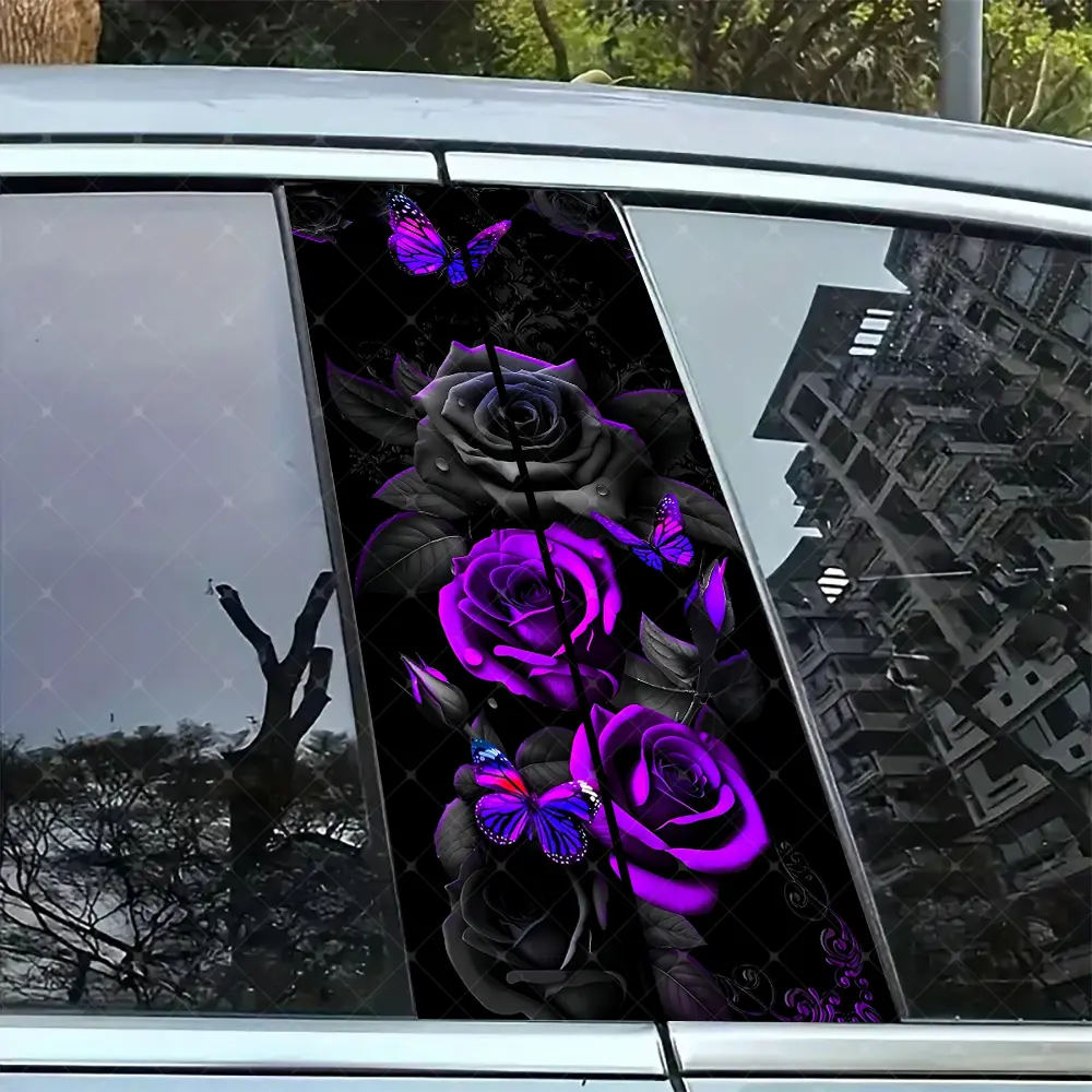 2pc Rose Vinyl Sticker Car B Pillar Protection Decal, Easy Peel & Stick Waterproof Sunproof Scratch Resistant for All Cars, Car Decals, Car Decorative Sticker, Vehicle Exterior Decoration, Universal Car Sticker, Decals For Vehicles
