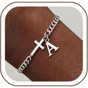 Cross Beaded Bracelets for Men Initial A - Z Faith Cross Bracelets, Fashion Initial Charm Bracelet Religious Baptism Communion Confirmation Christmas Valentines Jewelry Gift for Men