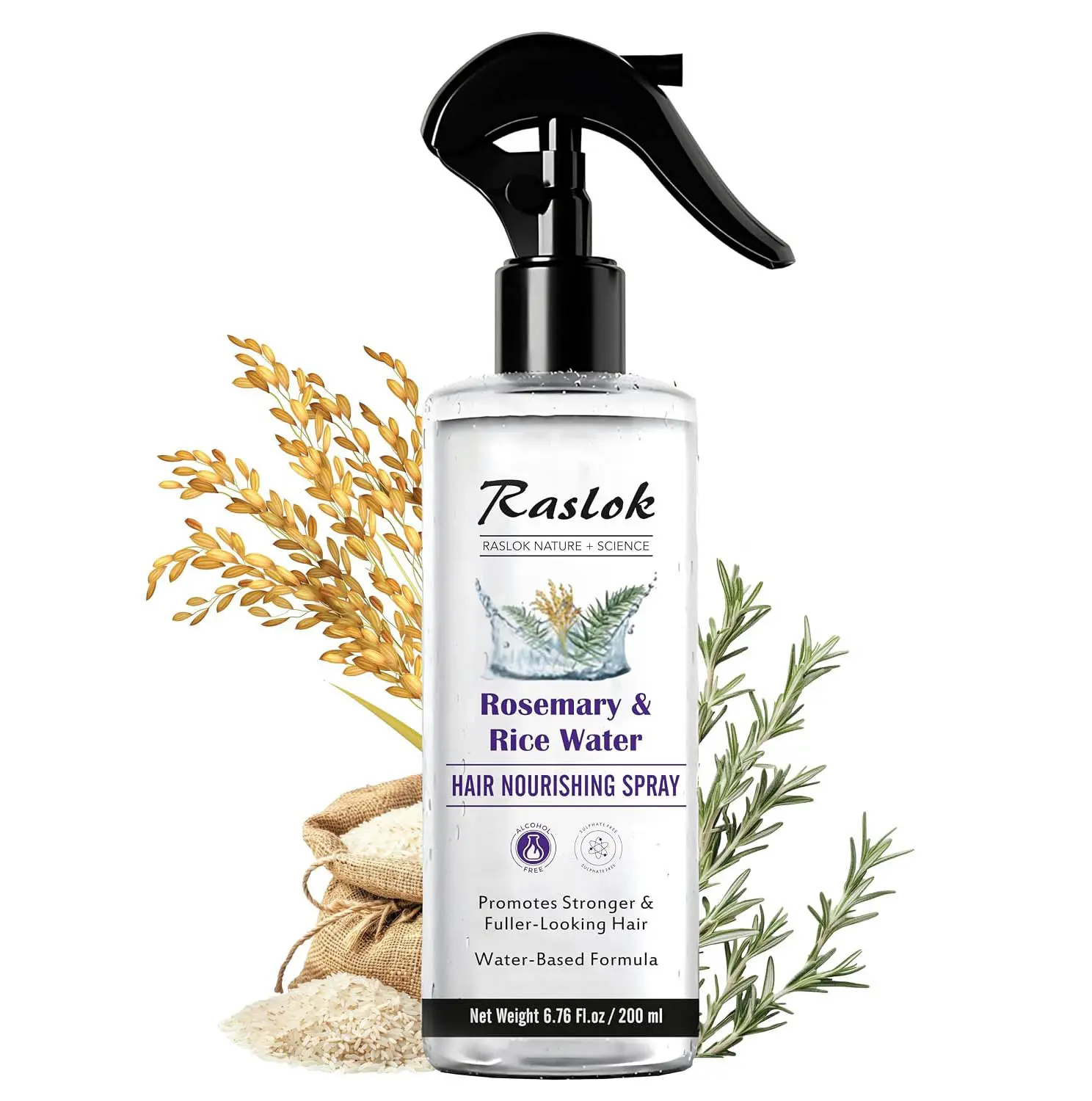 Raslok Nature+Science Rosemary & Rice Water Hair Spray | Made with 100% Natural Extracts | Lightweight, Non-Greasy Formula | For Softer, Smoother-Looking Hair | 6.76 fl oz / 200 ml