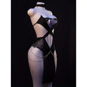Sexy Lingerie Egyptian Catwoman Dress with Golden Chain Embellishment - Passionate Charming Cosplay Set Bodysuit Elegant Womenswear Denim.
