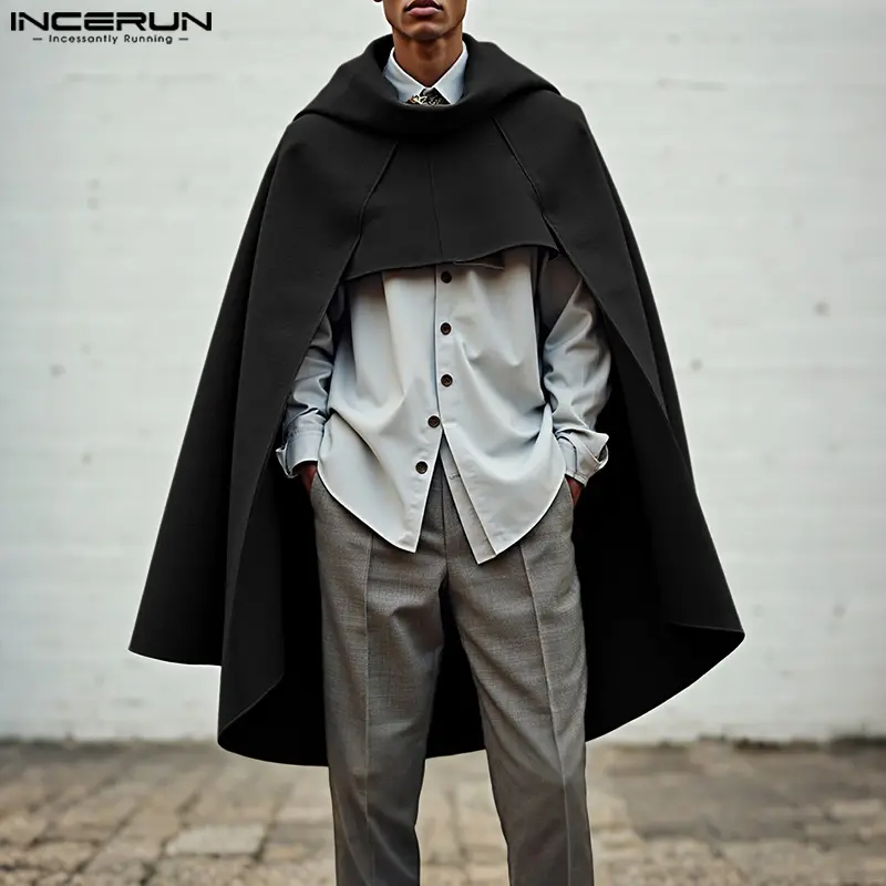 INCERUN Men's Gothic Hooded Cape Coat, Retro Long Cloak Poncho for Stage Outfits and Halloween Costumes