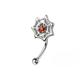 Red CZ Crystal Center Spiderweb Top Curved Eyebrow Barbell - 316L Stainless Steel