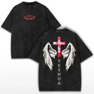 Men's Yeshua Angel Faithcore T-Shirt - Crimson Cross Wings, Oversized, Ribbed, Seamless, Stylish Christian Streetwear Apparel Clothes