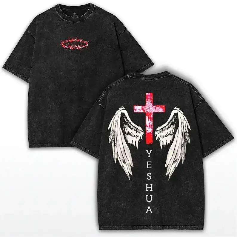 Men's Oversized Shortsleeve Graphic T-Shirt with Yeshua Angel Wings, Christian Faithcore Streetwear in Soft Heavyweight Cotton, Apparel, Menswear