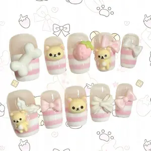 Kawaii Bear Press On Nails, Pink & White Stripe Nails with 3D Bears, Strawberry and Bow Charms