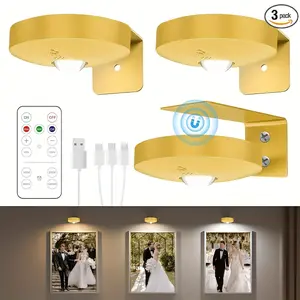 3-Pack Rechargeable Picture Lights for Wall, Battery Operated Magnetic LED Art Display Lights with Remote Control, 3 Color Temperature, Dimmable And Timer Function, Golden, Perfect for Picture Frames, Hallway, Living Room, Bedroom, Gallery