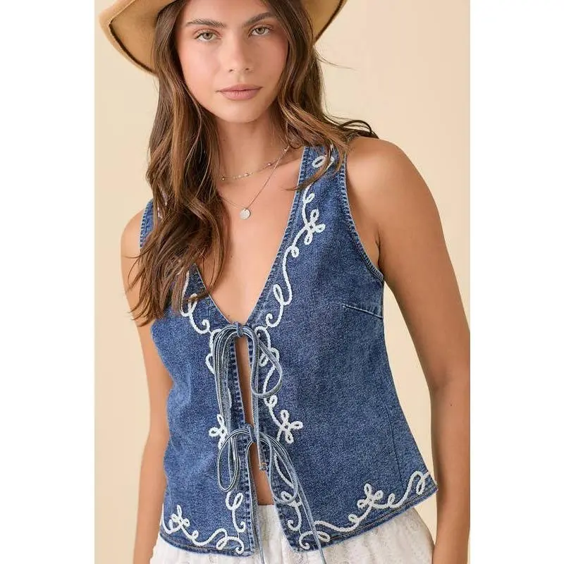 Denim Vest With Front Tie Strap And Embroidery