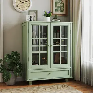 Minimalism Buffet Cabinet with Double Glass Doors & Drawer, Coffee Bar with Adjustable Shelf, Wooden Storage Sideboard Cupboard for Living room, Dining Room, Hallway, Entryway, Mint Green