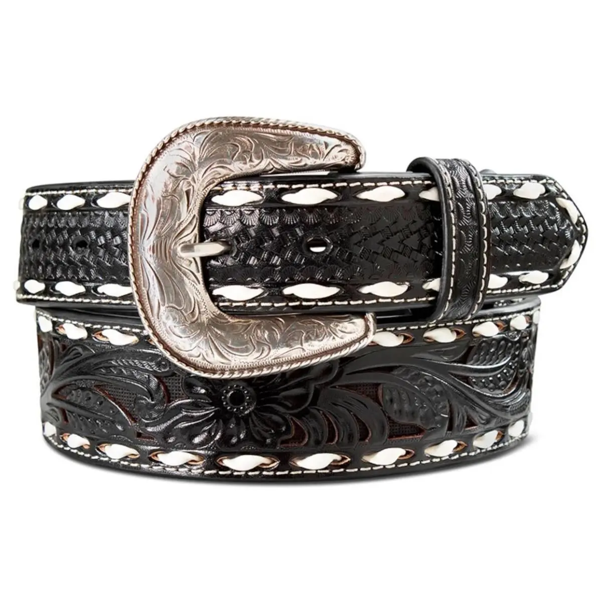 Ariat Men's Leather Tapered Floral Buck Lacing Black Belt Ariat Men's Leather Tapered Floral Buck Lacing Black Belt
