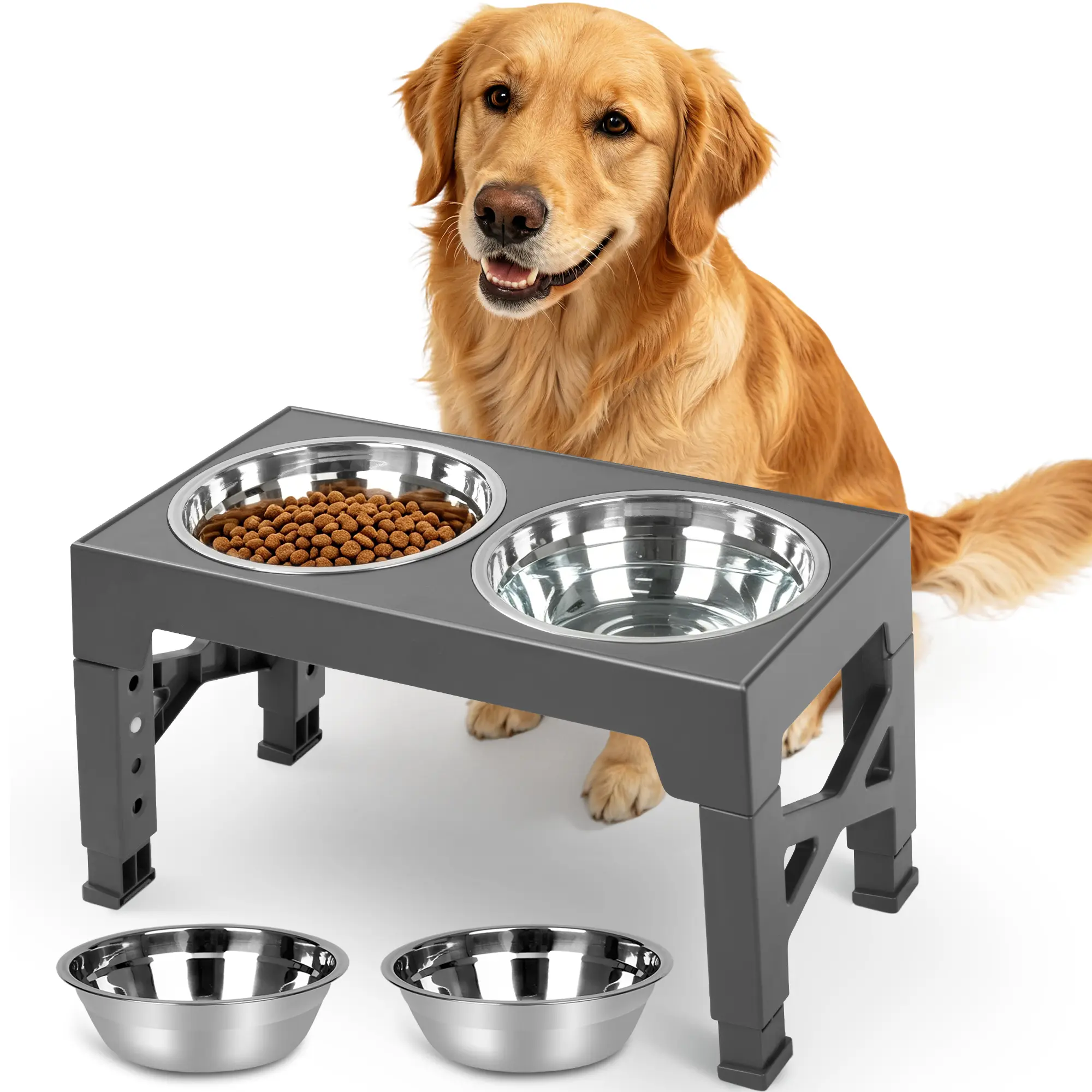 Elevated Dog Bowls with 2 Stainless Steel Dog Food Bowls, Raised Dog Bowl Adjusts to 5 Heights (3.15", 8.66", 9.84",11.02", 12.2") for Small Medium and Large Dogs,，DealsforYourDays