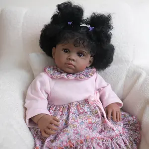 24 inch Black Reborn Baby Girl Doll Realistic Reborn Toddler Dolls with Dark Skin, Curly Rooted Hair Vinyl Babies Best Gift for Kids 3+