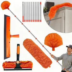 [Summervibes] 1 Set Dust Removal Brush Kit for Heights Over 20 Feet,Featuring a Connectable Pole Ranging from 3 to 14 Feet,Ideal for Cleaning High Ceilings And Window,with Washer & Squeegee,Cobweb Duster,Hand Tools Kits