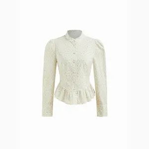 Cider 100% Cotton Stand Collar Ditsy Floral Peplum Long Sleeve Blouse