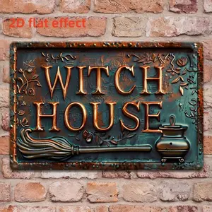 Vintage Halloween Aluminum Sign with Broomstick and Cauldron Design for Home Garden Bar Wall Decor Unique Gift Idea Vintage Plaque Decor