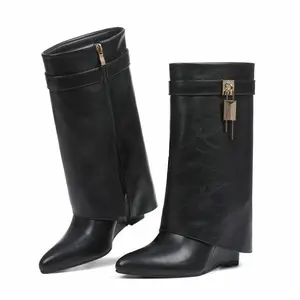 Fold Over Boots Wide Calf Wedge Heel Knee High Boot With Decorative Lock Platform Wedge Heel Almond Toe Faux Leather Pull On Short Booties with Padlock for fall ground