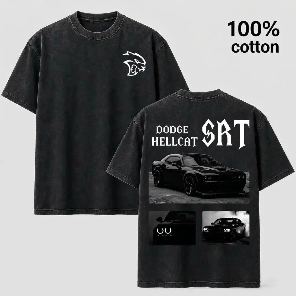 Men's 100% Cotton Vintage Washed Short-Sleeve Dodge Hellcat Graphic T-Shirt - Black-Acid Wash Oversized Tops, Casual Streetwear Clothing, Muscle Car Sports Shirt for Sports & Outdoor Use