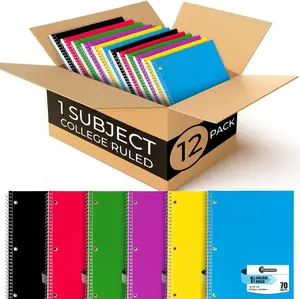 12 Pack Spiral Notebook,1 Subject, College Ruled, 70 Sheets, 8 x 10-1/2", 3 Hole Punched, Bulk College Ruled Spiral Notebook for School, Single Subject Spiral Notebook Bulk, Assorted Colors