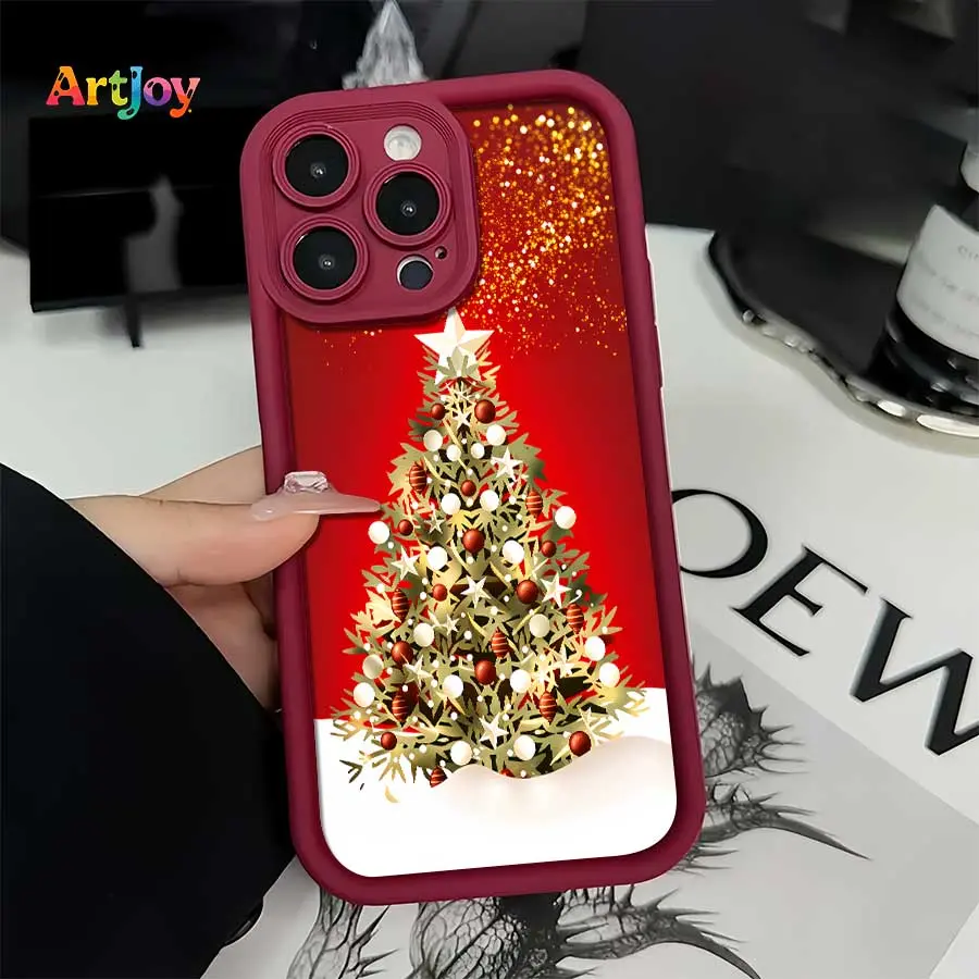 Durable Vintage Shockproof Phone Case with Wine Red Base, Golden Sparkles, Star, Christmas Tree, Snow Scene Minimal Illustration, Festive Accessories for iPhone 17 Pro Max,16,16 Plus,15,14,13 - Ideal Holiday Gift