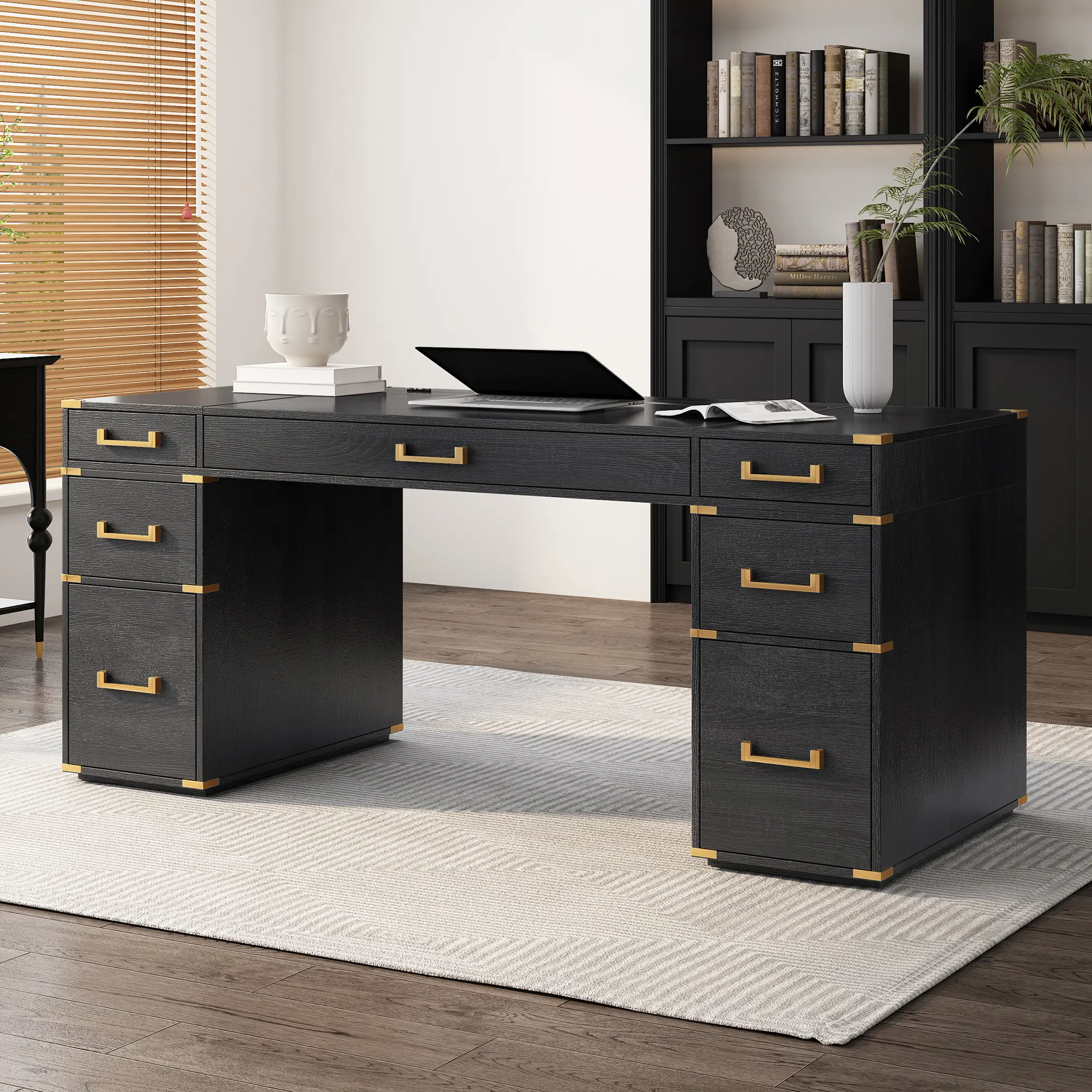 Executive Desk 70 Inch Extra-Large Classic Traditional Writing Desk with Metal Edge Trim, 2 File Drawers, USB Ports and Outlets, Hidden Compartment, for Home Office, Study Room, Living Room, Brown Wood Finish