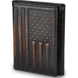 USA Flag Trifold Wallets for Men American Flag Wallet Full Grain Leather with Hand Burnished Tri-Fold Wallet RFID Blocking