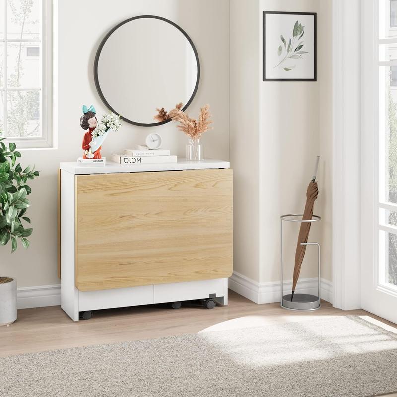 【 table only 】 FoldingTable, Drop Leaf Dining Table with 6 Wheels and 2-Layer Storage Shelf, Space Saving Table for Small Spaces (Dark Walnut, 50.1" D x 31.4" W x 29.5" H)