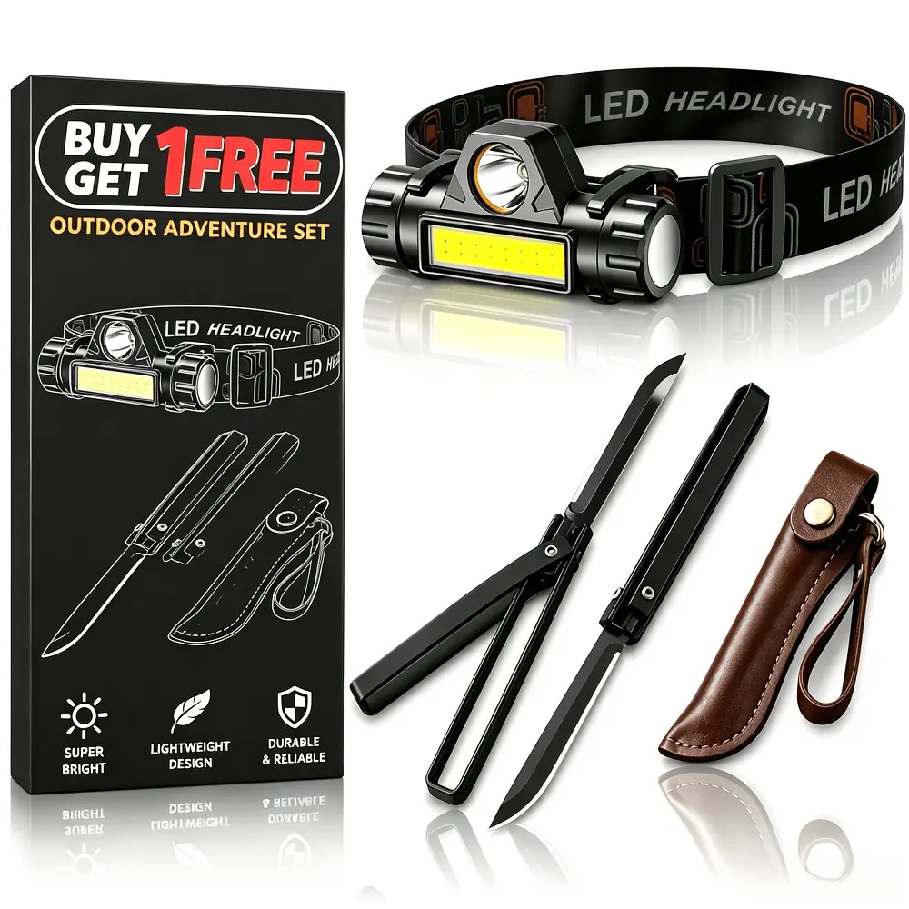 2pcs Ultimate Outdoor Gear High Lumen Headlight+Tactical EDC Pocket Knife Foldable Long Range LED Headlamp Rechargeable Super Bright Long Lasting Hard Hat Light Clips for Hands Free Work with Magnetic Base Adjustable Strong Bald Headlight for Camping
