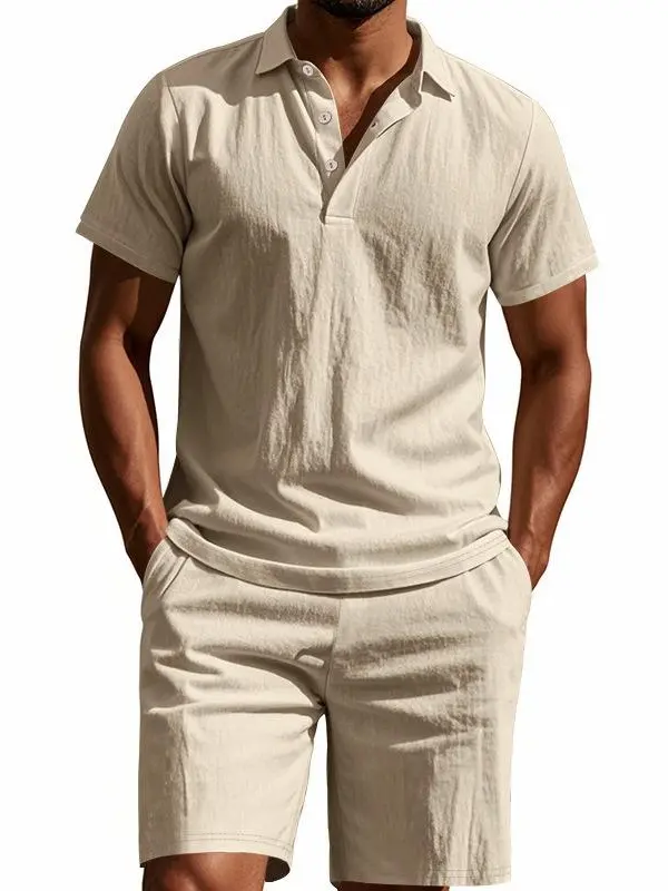 Summer minimalist solid-color linen men’s two-piece set: polo shirt with turn-down collar and short sleeves + drawstring elastic mid-thigh shorts; breathable loungewear/beach vacation casual outfit for men