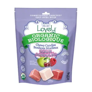 Lovely Candy Co. Organic Sour Chewy Candies 8oz Bag (1-pack) | Raspberry, Apple & Cherry Flavors | Vegan, Gluten Free, Non-GMO, No Artificial Ingredients, Individually Wrapped