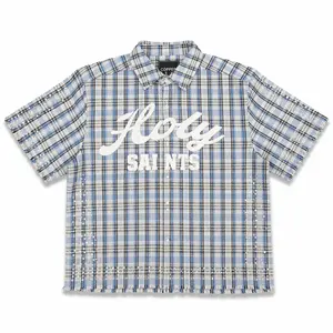 Copper Rivet Fray Holy Saint Short Sleeve Shirt with Stones In Blue 612003