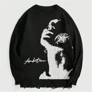 Y2k Aesthetic Graphic Sweater Raw Hem Crewneck Knitted Sweater Casual Pullover Long Sleeve Jumpers