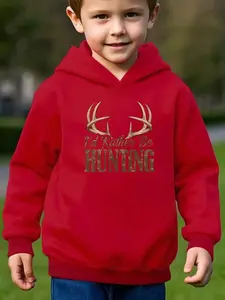 Boys Casual Hooded Sweatshirt with Antler Pattern, Loose Fit Long Sleeve, Fall & Winter Series, Non-Elastic Fabric, Hunting Clothing