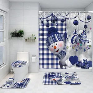 4Pcs Waterproof Shower Curtain Sets, Blue Christmas Snowman Bathroom Decor Set with Rugs and Accessories, Bathroom Decor Sets